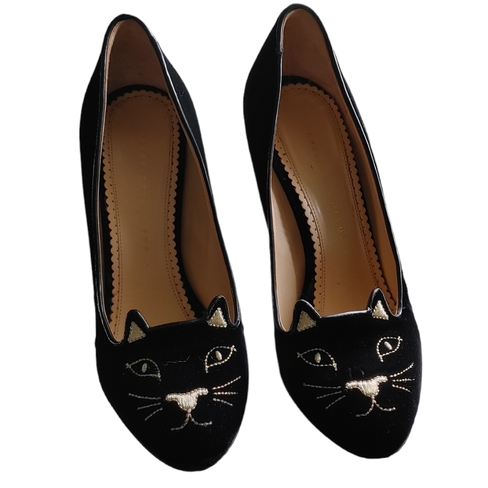 Charlotte Olympia Black Embroidered Velvet Kitty Cat Pumps Size 39 1/2 - Picture 3 of 11
